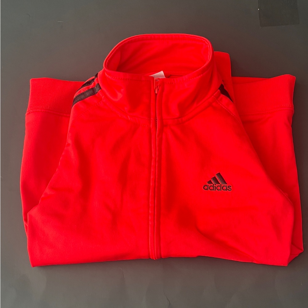 Adidas Red Track Jacket with Black Stripes and Lettering. Kids Size 7